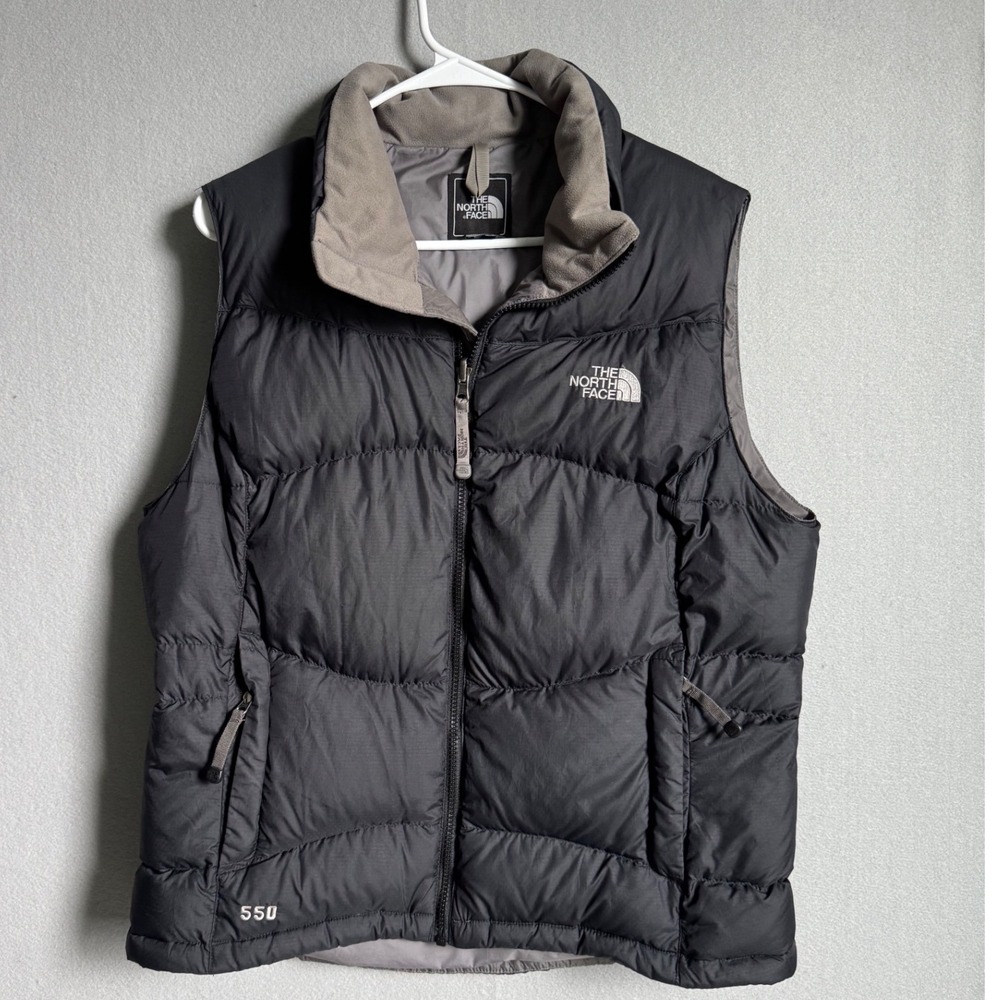 The North Face 550 Goose Down Puffer Vest Women L Gray Nupste Insulated Full Zip